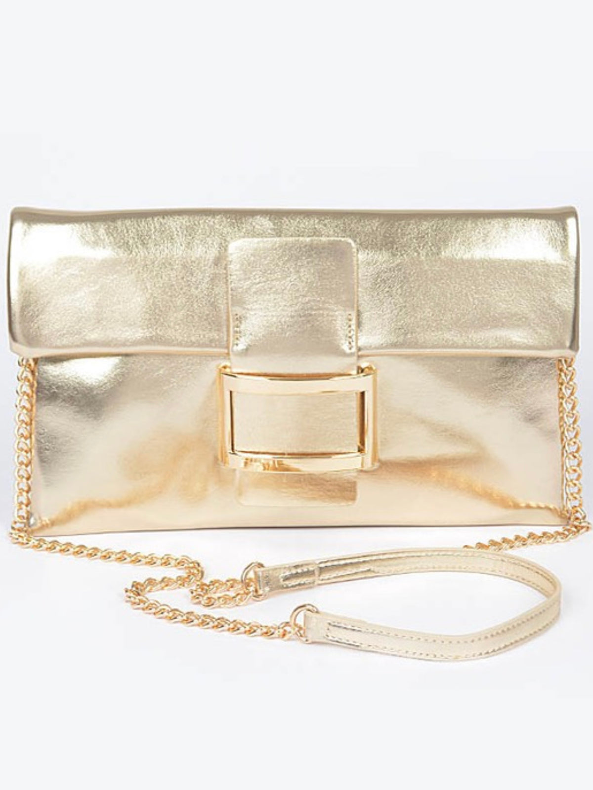 Buckle Detail Metallic Clutch