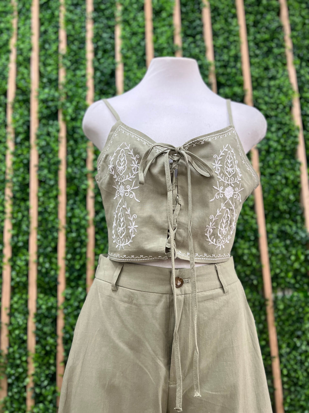 Olive Embroidered Lace Up Top