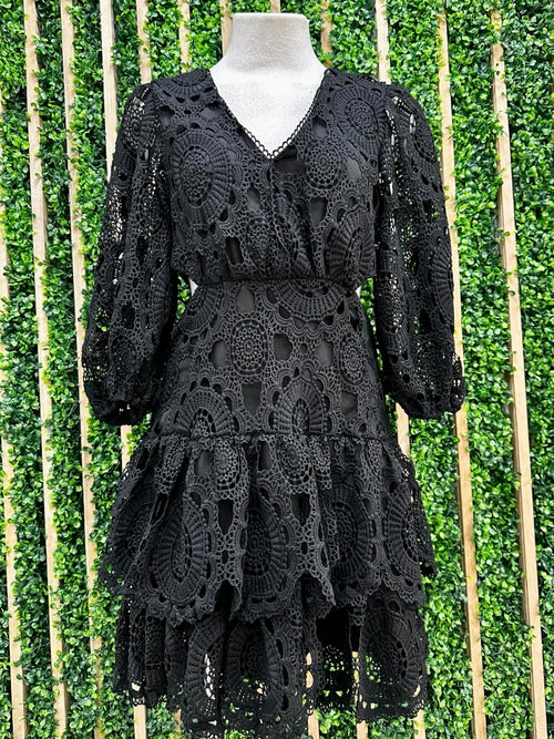 Beautiful V Neck Black Lace Tiered Skirt Short Dress