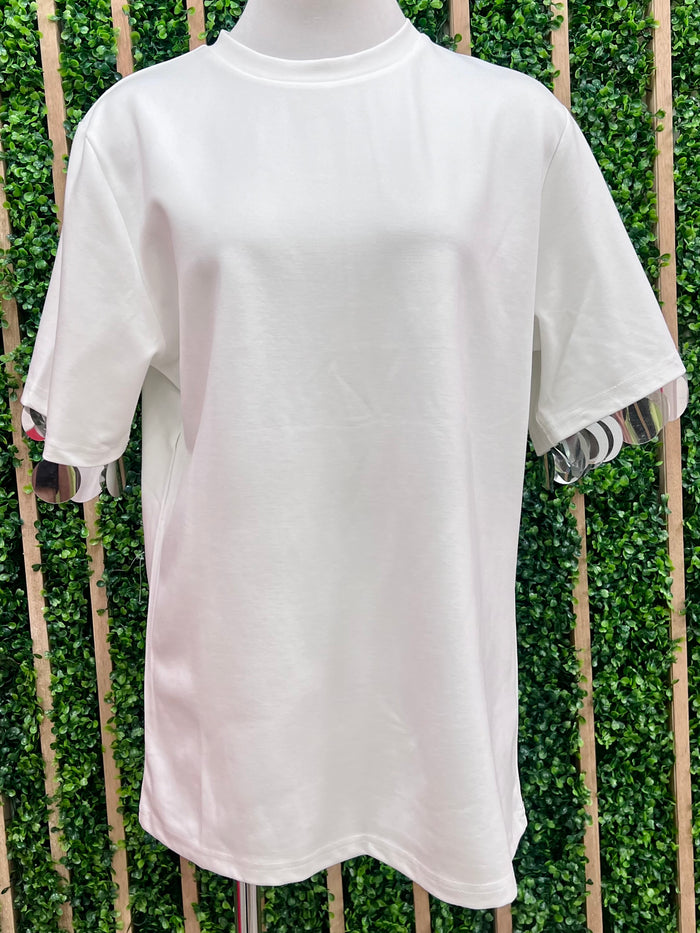 White Slim Oversized Sequin Sleeve Trim Tee