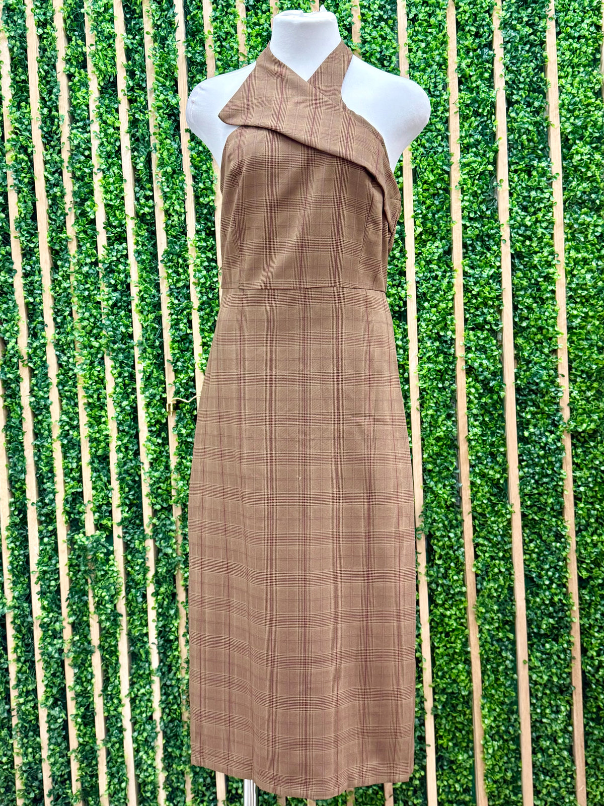 Brown Plaid Halter Midi Dress