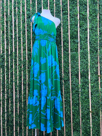 Beautiful Blue Green Floral One Shoulder Maxi Dress