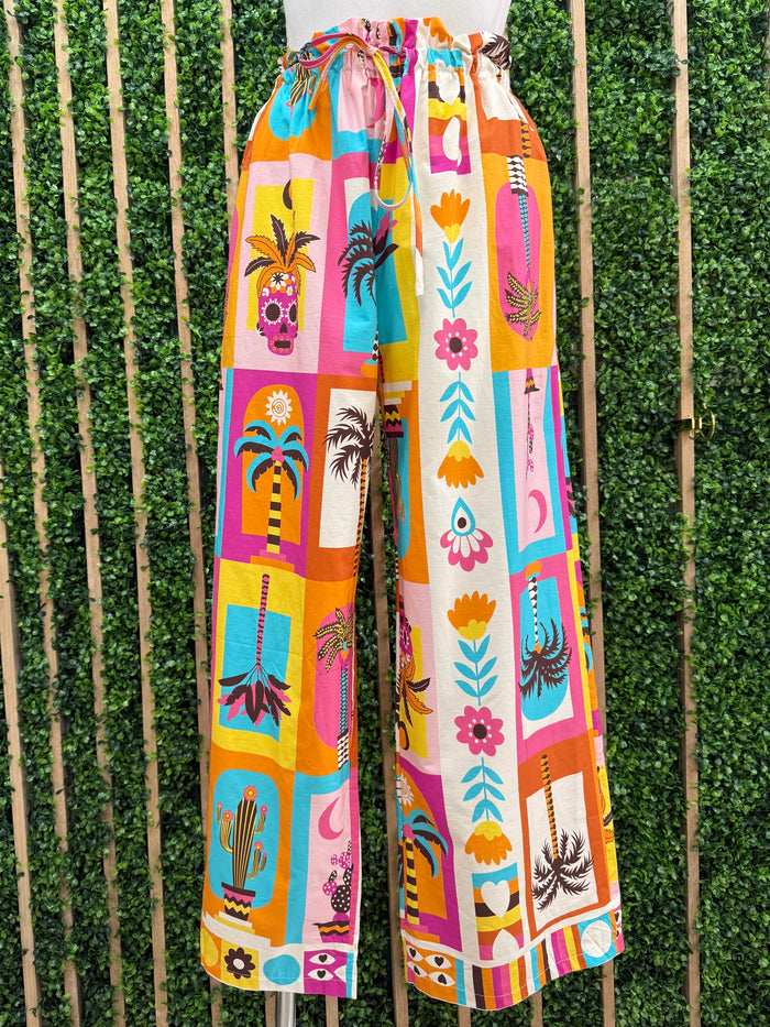 Bright Tropical Print Wide Leg Pant