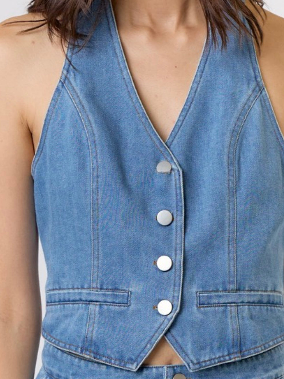 Washed Denim Halter Cutout Romper