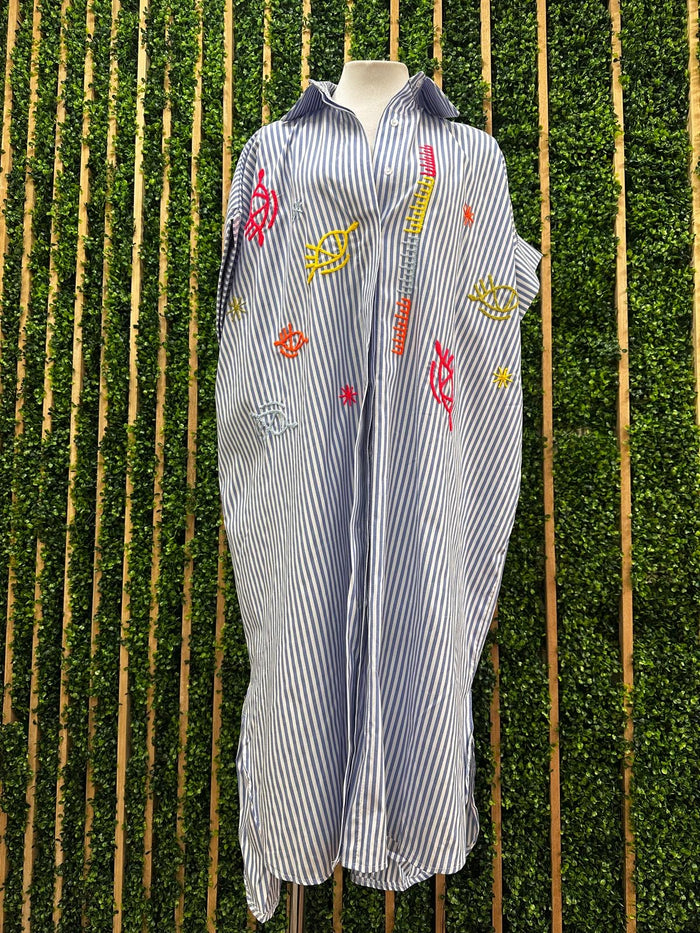 Blue Stripe Eye Embroidered Blouse Dress