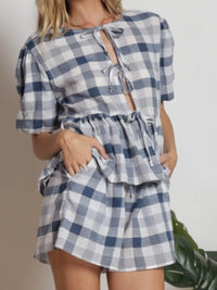 Blue Checker Front Bow Tie Short Pant Set