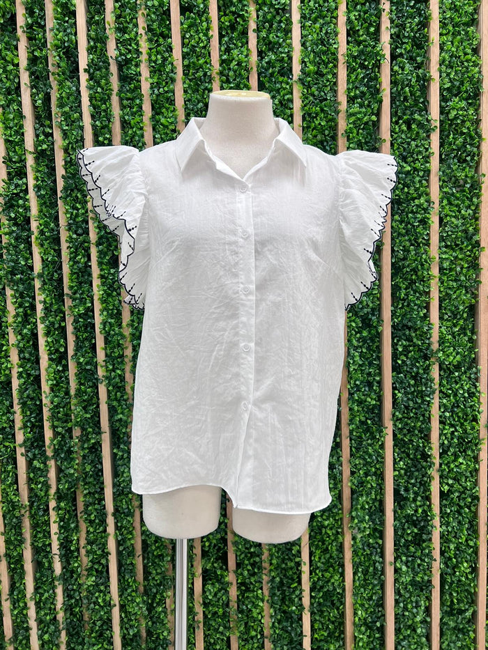 Stitch Trim White Ruffle Sleeve Blouse