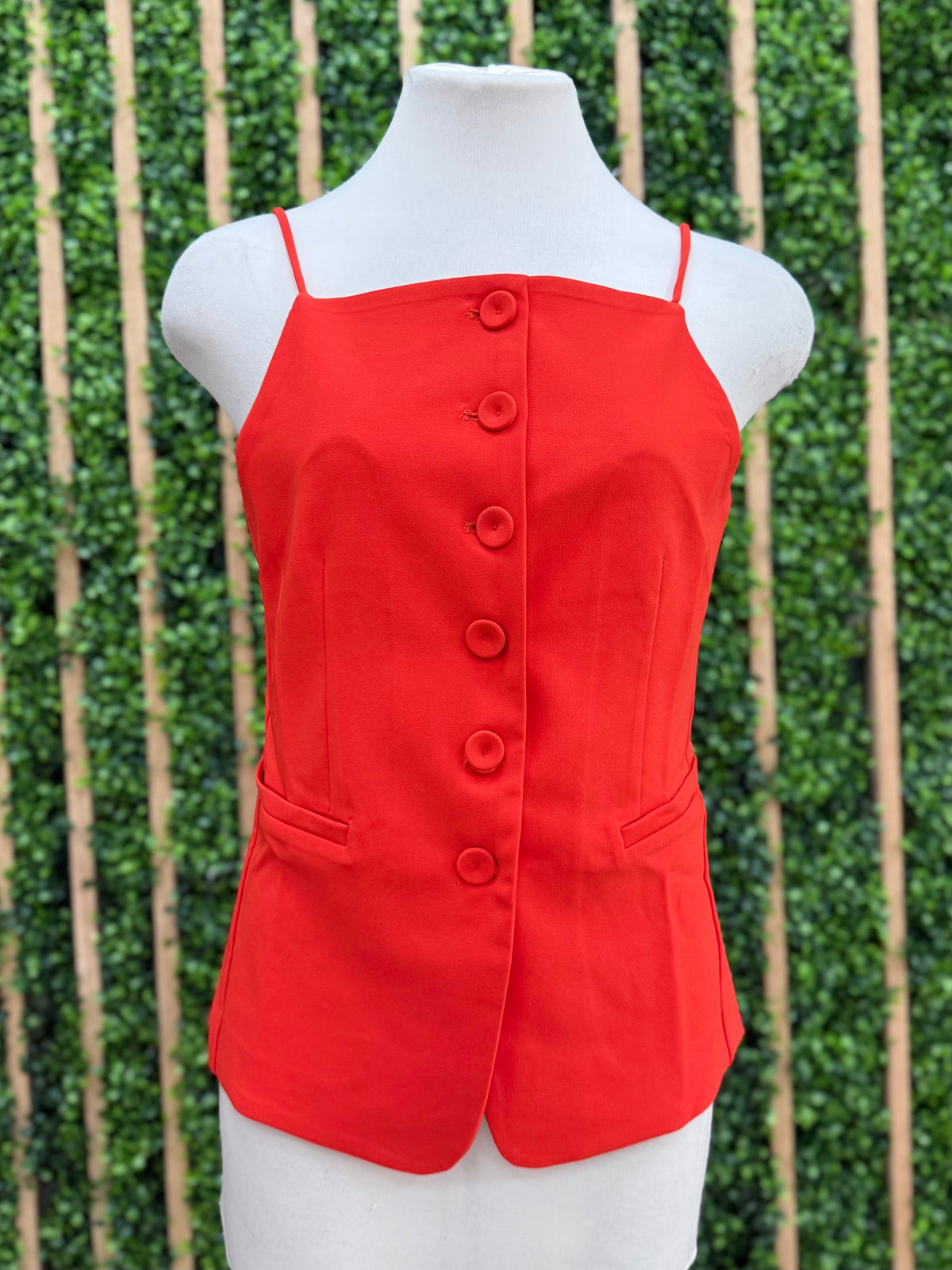 Red Straight Neck Button Down Vest Top