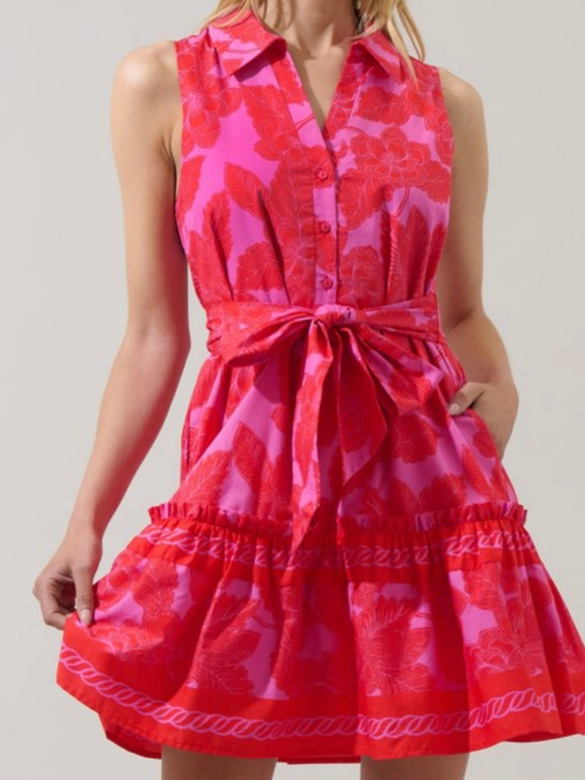 Beautiful Fuchsia Red Collared Sleeveless Short Dres