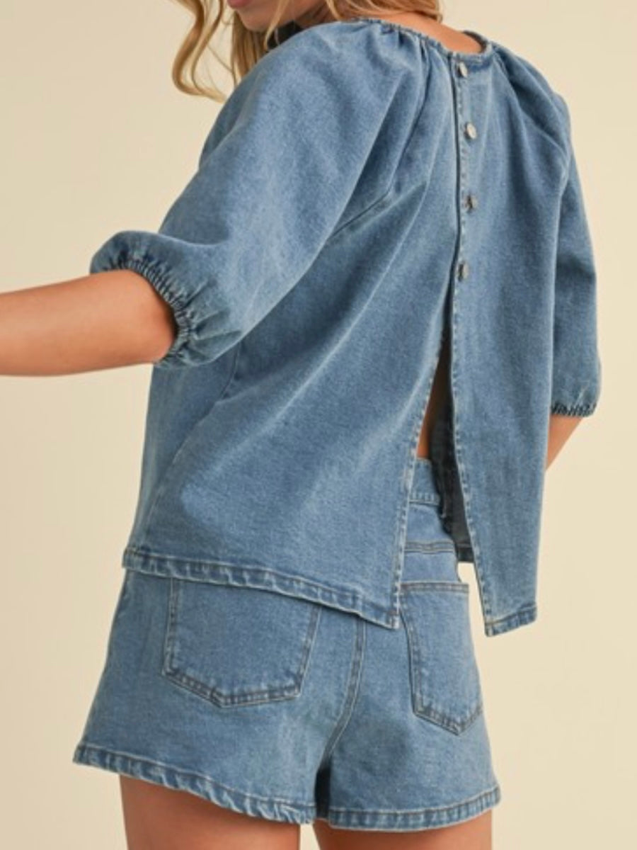 Dark Denim Open Back Blouse