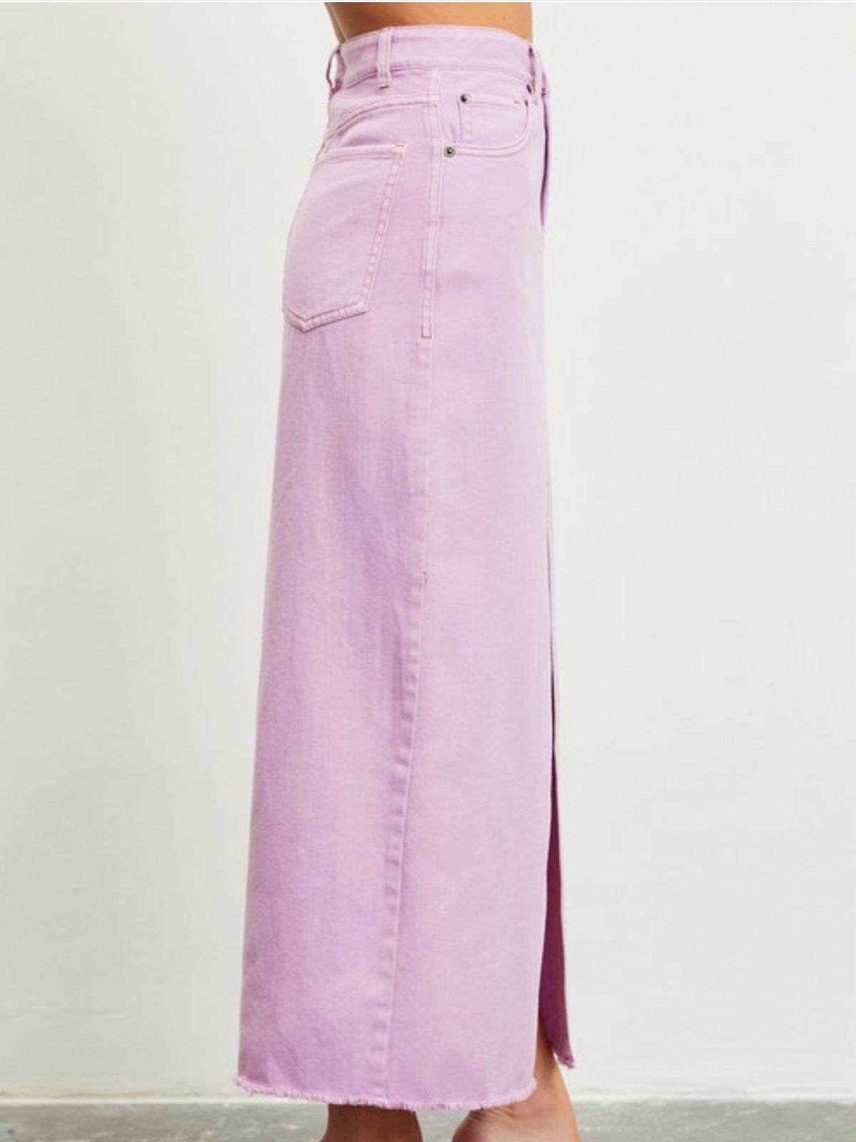 Washed Pink Front Slit Denim Midi Skirt