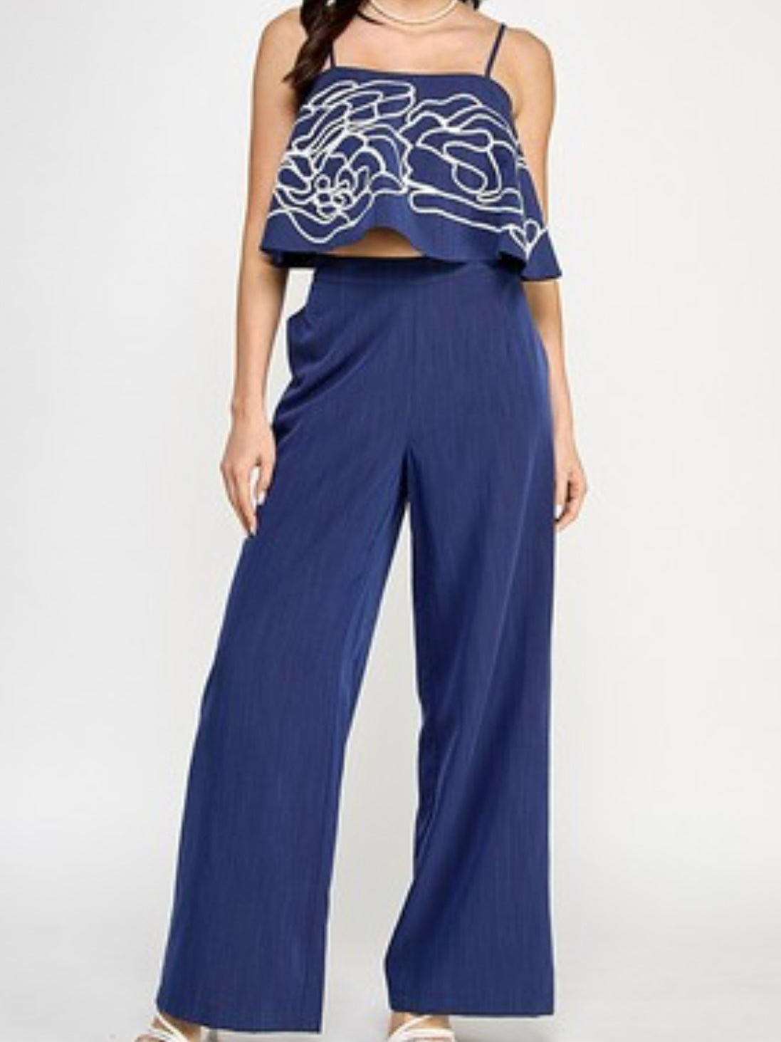 Navy Embroidered Wide Leg Pant