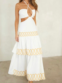 Beautiful White Gold Detail Cutout Halter Maxi Dress