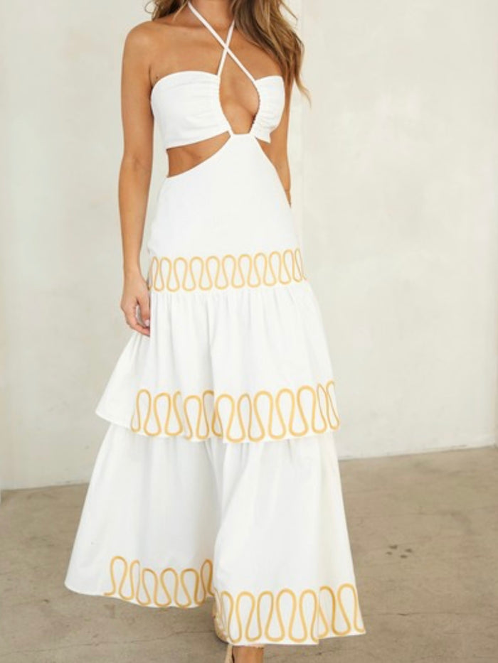 Beautiful White Gold Detail Cutout Halter Maxi Dress