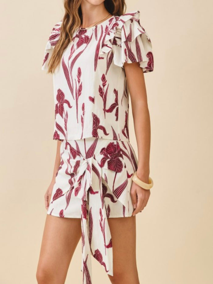 Burgundy Floral Print Ruffle Sleeves Blouse