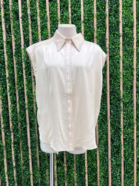 Stitch Trim Beige Sleeveless Button Down Blouse