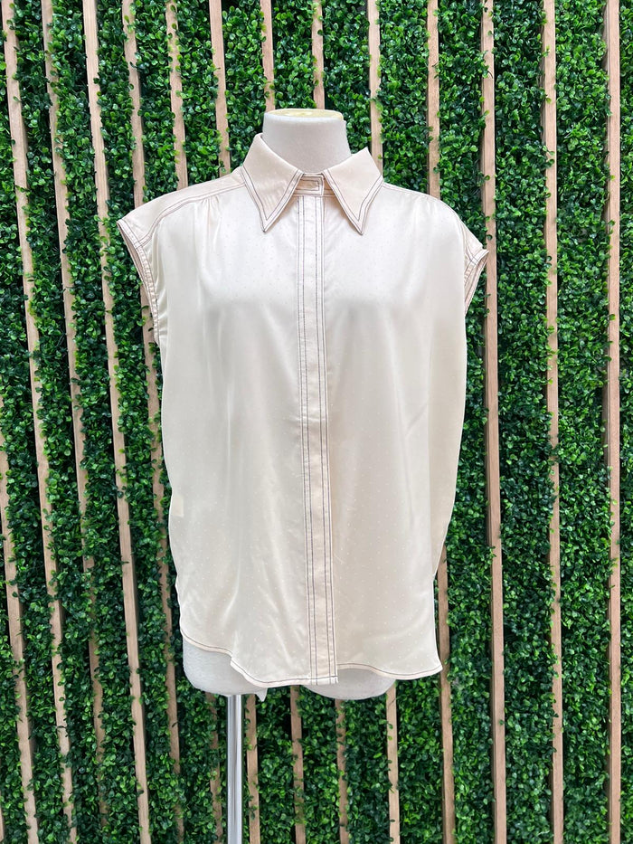 Stitch Trim Beige Sleeveless Button Down Blouse