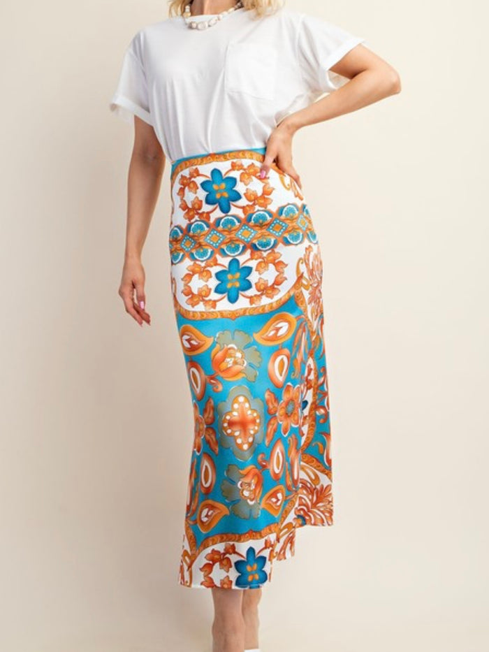 Blue Vines Satin Midi Skirt