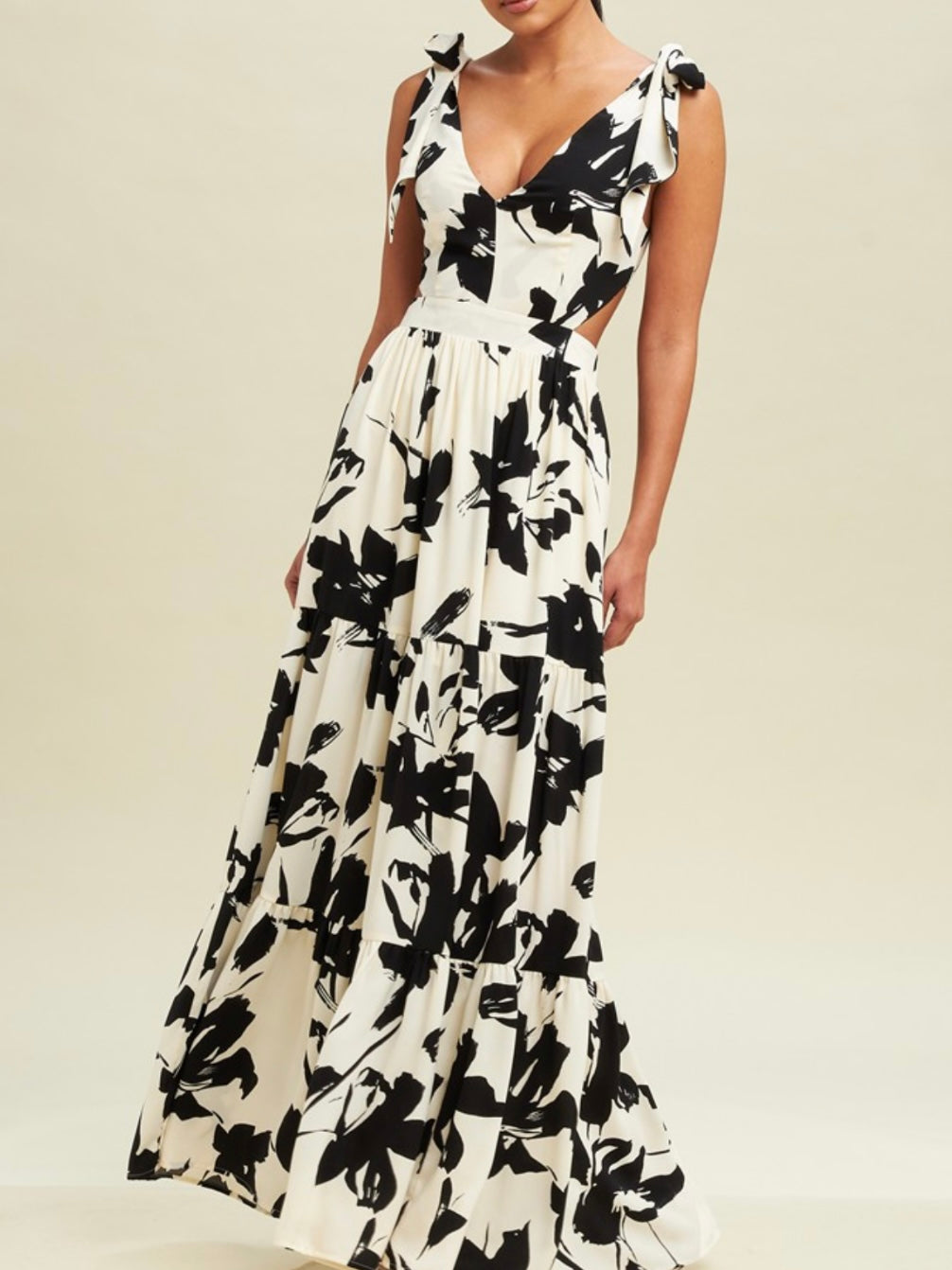 Ivory Black Strokes Shoulder Tie Cutout Maxi