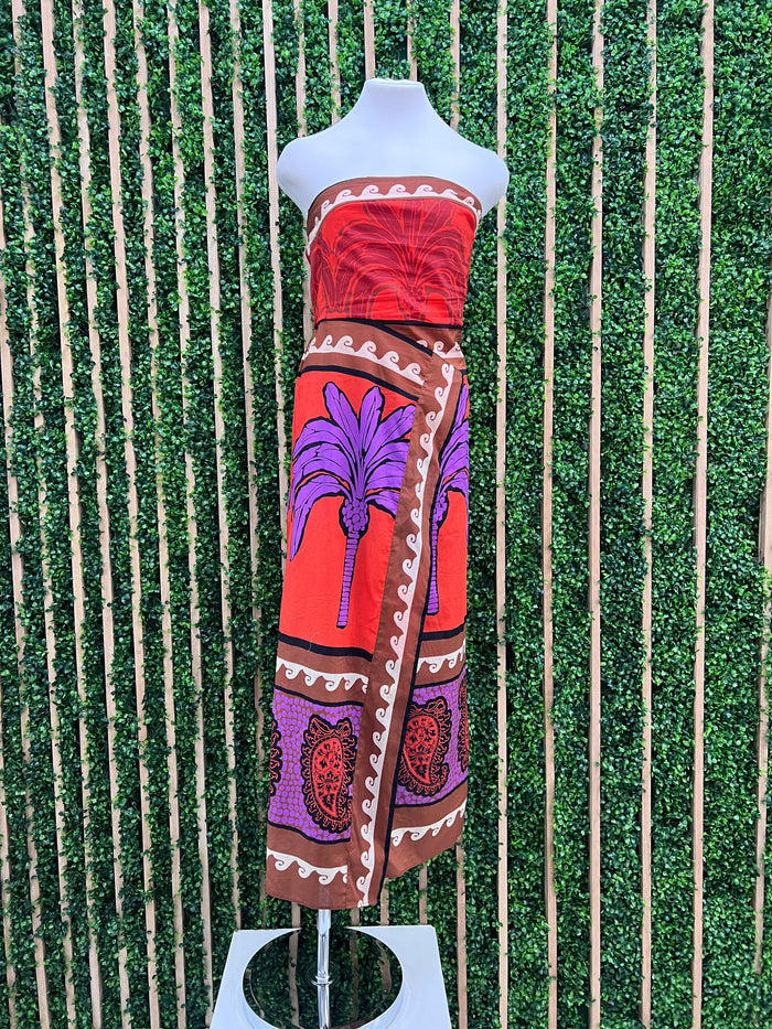 Beautiful Orange Tropical Print Strapless Dress