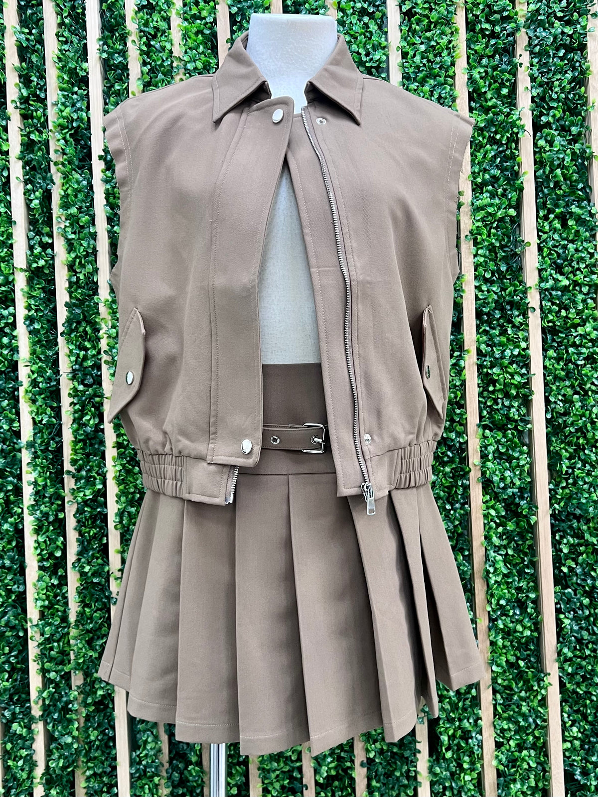 Beautiful Khaki Bomber Vest Skirt Set