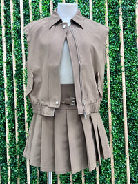 Beautiful Khaki Bomber Vest Skirt Set