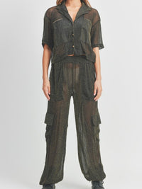 Black Gold Mesh Button Down Jogger Set