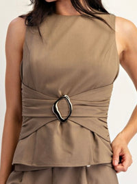 Mocha Buckle Trim Ruched Sleeveless Top