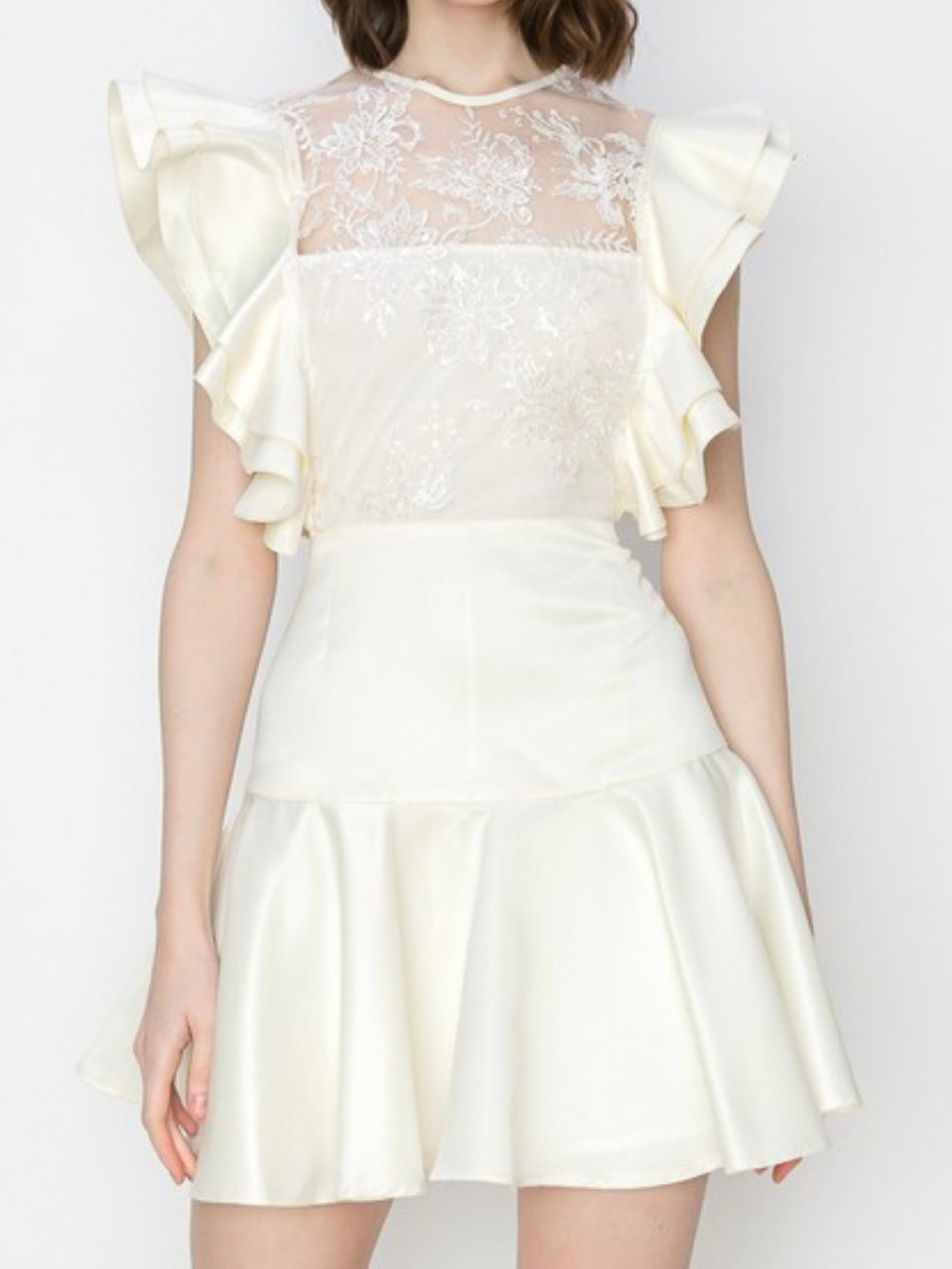 Cream Front Lace Floral Short Dress