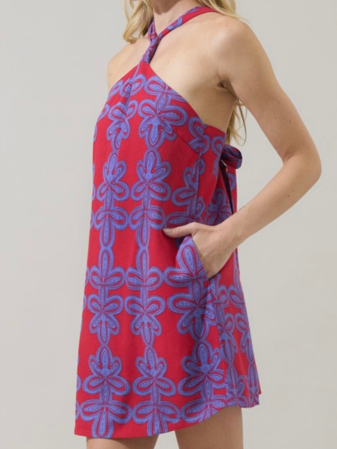 Beautiful Purple Red Print Halter Short Dres