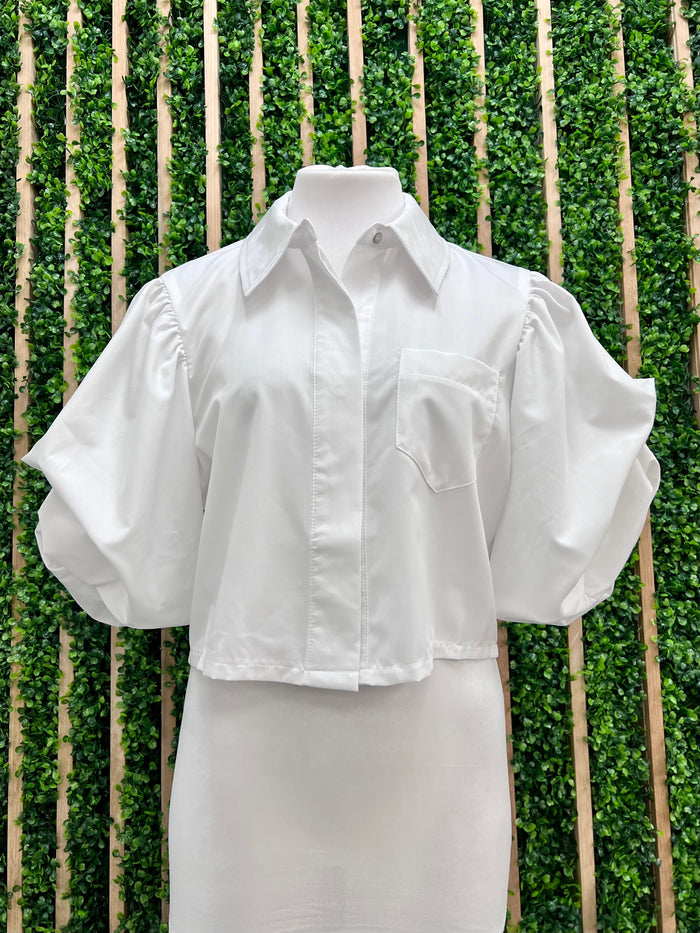 Balloon Sleeve Crop Button Down Blouse