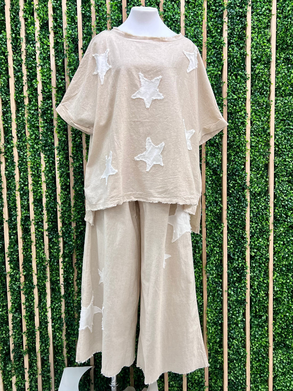 Natural White Star Patch Linen Pant Set