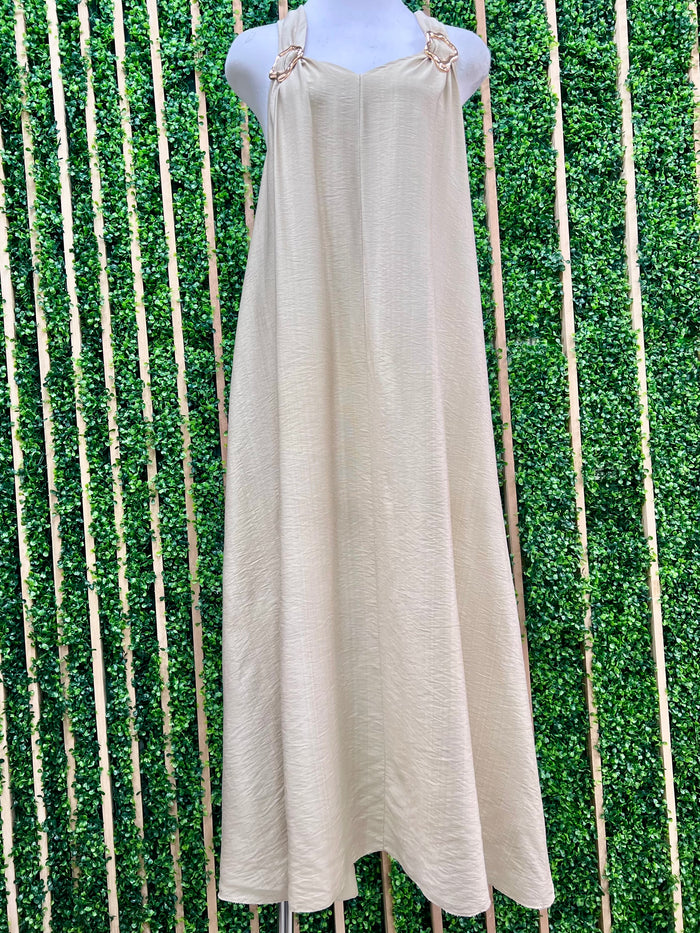 Beige Buckle Detail Midi Dress