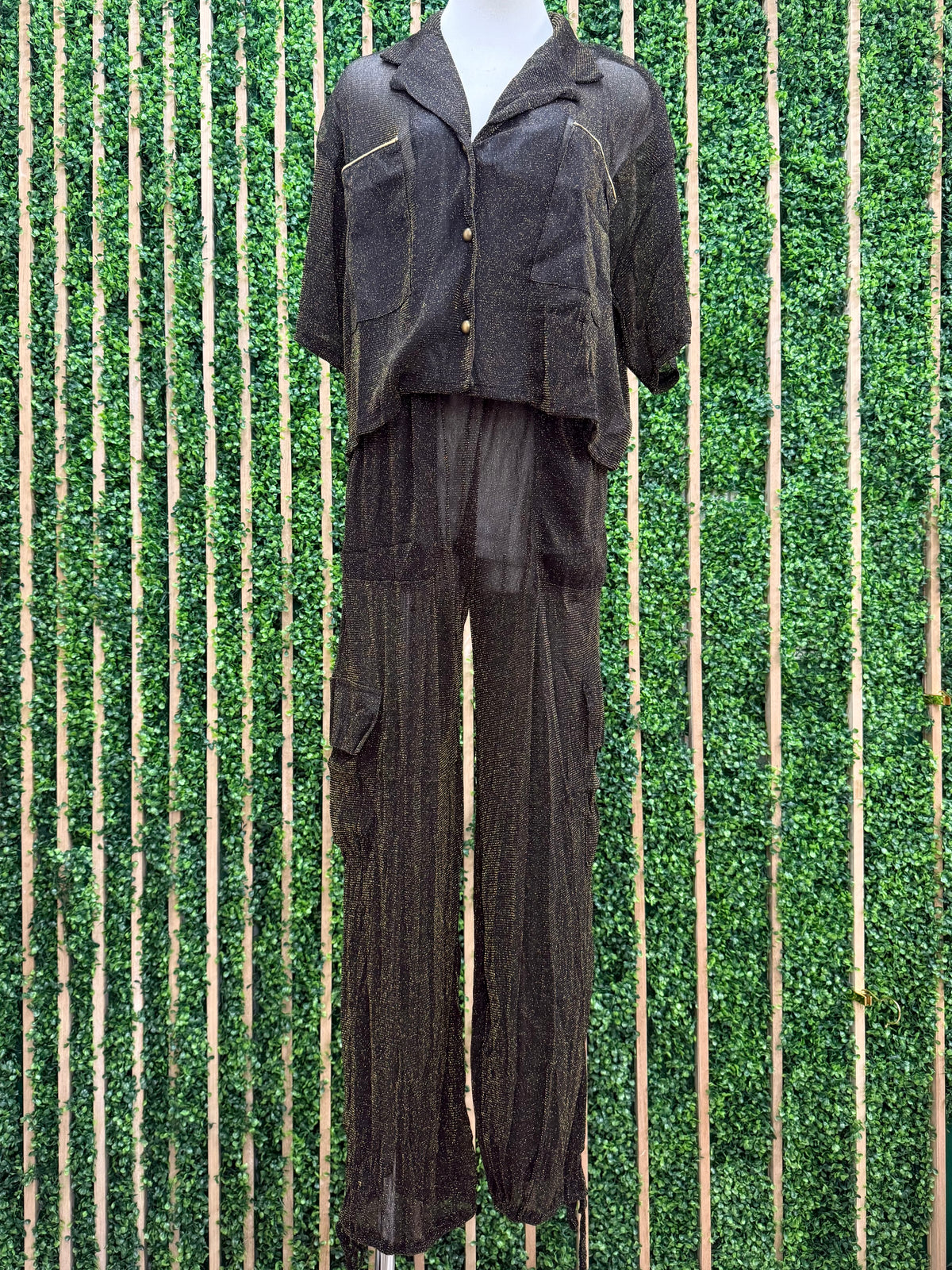 Black Gold Mesh Button Down Jogger Set