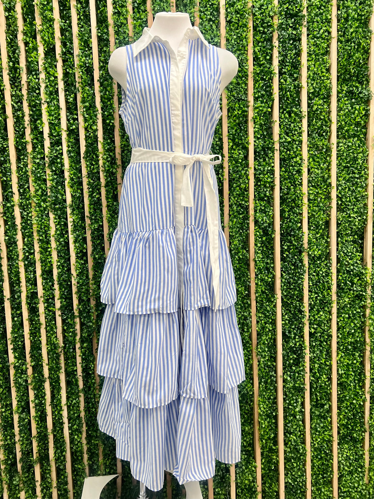 Blue White Sleeveless Striped Ruffled Maxi Dress