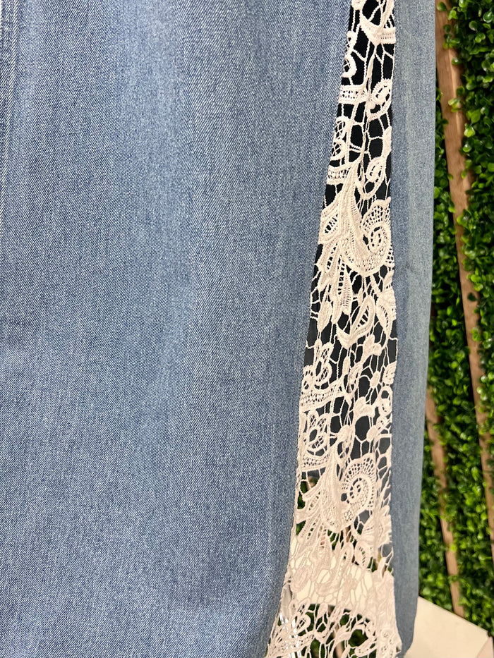 Side Lace Panel Denim Maxi Skirt