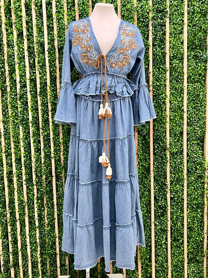 Denim Embroidered Tiered Skirt
