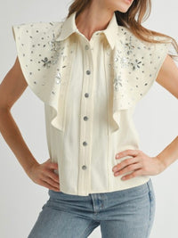 Crystal Floral Embellished Angel Sleeve Blouse