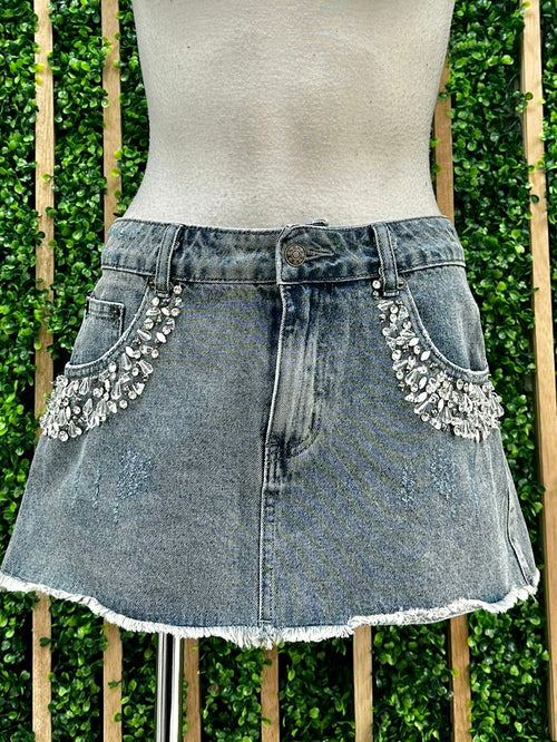 Rhinestone Embellished Denim Short Skirt
