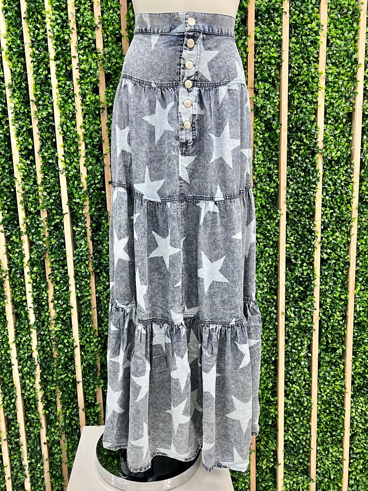 Denim Star Tiered Maxi Skirt