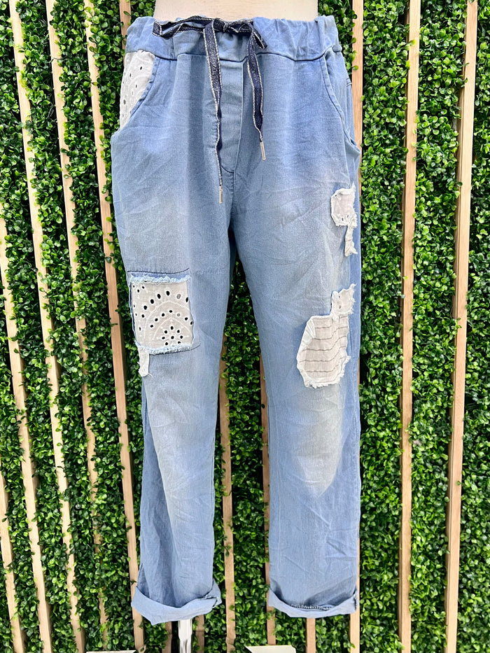 White Lace Detail Elastic Wasit Denim