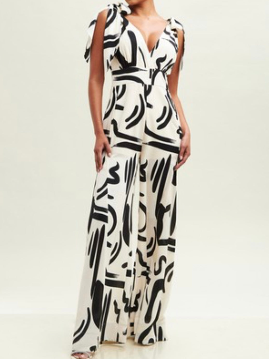 Ivory Black Strokes Shoulder Tie Jumpsuit
