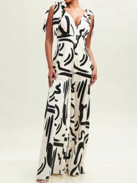 Ivory Black Strokes Shoulder Tie Jumpsuit