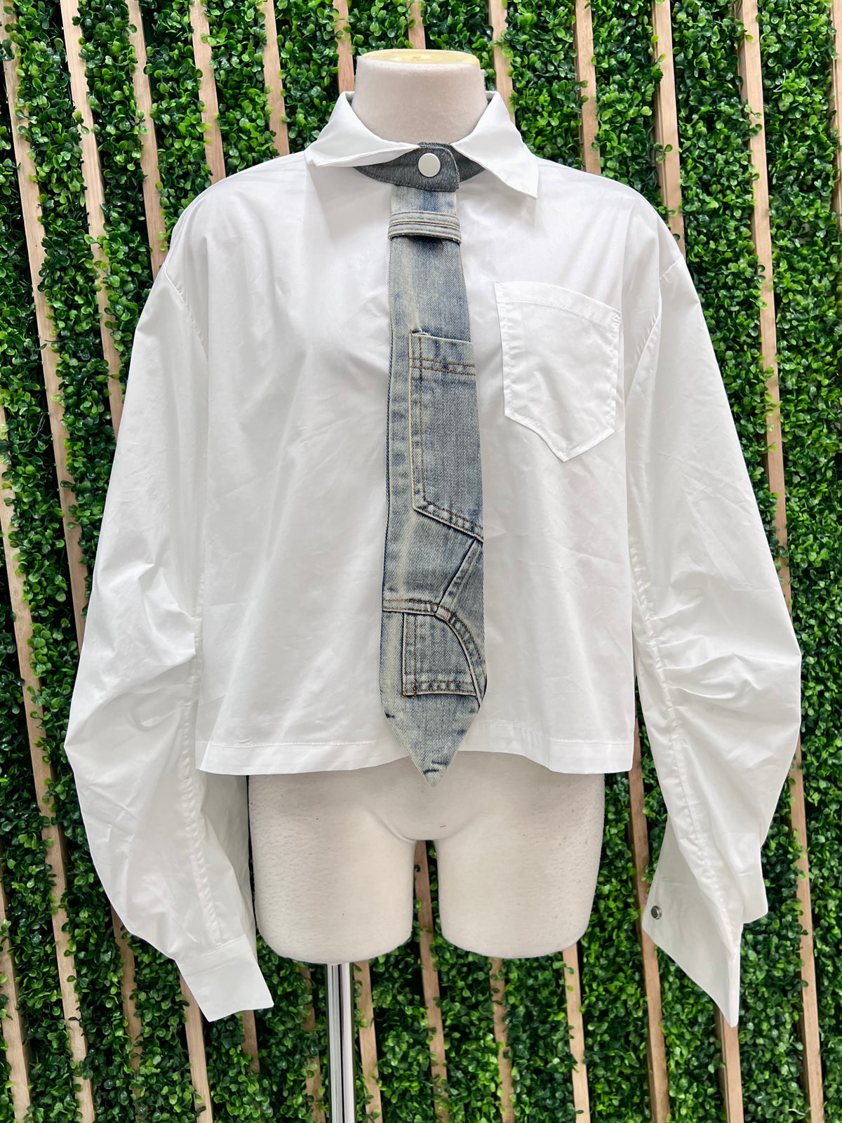 White Denim Tie Detail Crop Blouse
