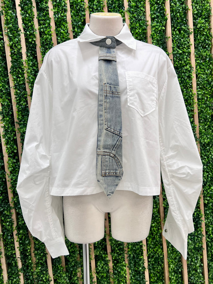 White Denim Tie Detail Crop Blouse