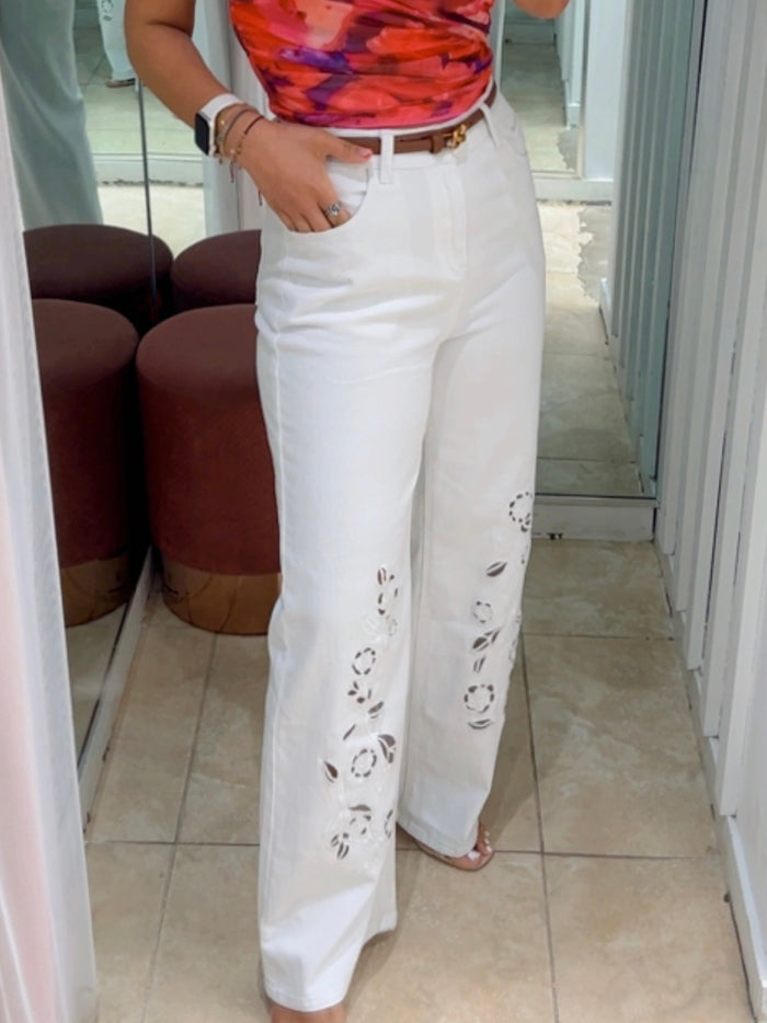 White Lace Detail Wide Leg Denim