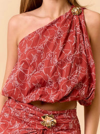 Terracotta Red Gold floral Detail one Shoulder Bubble top
