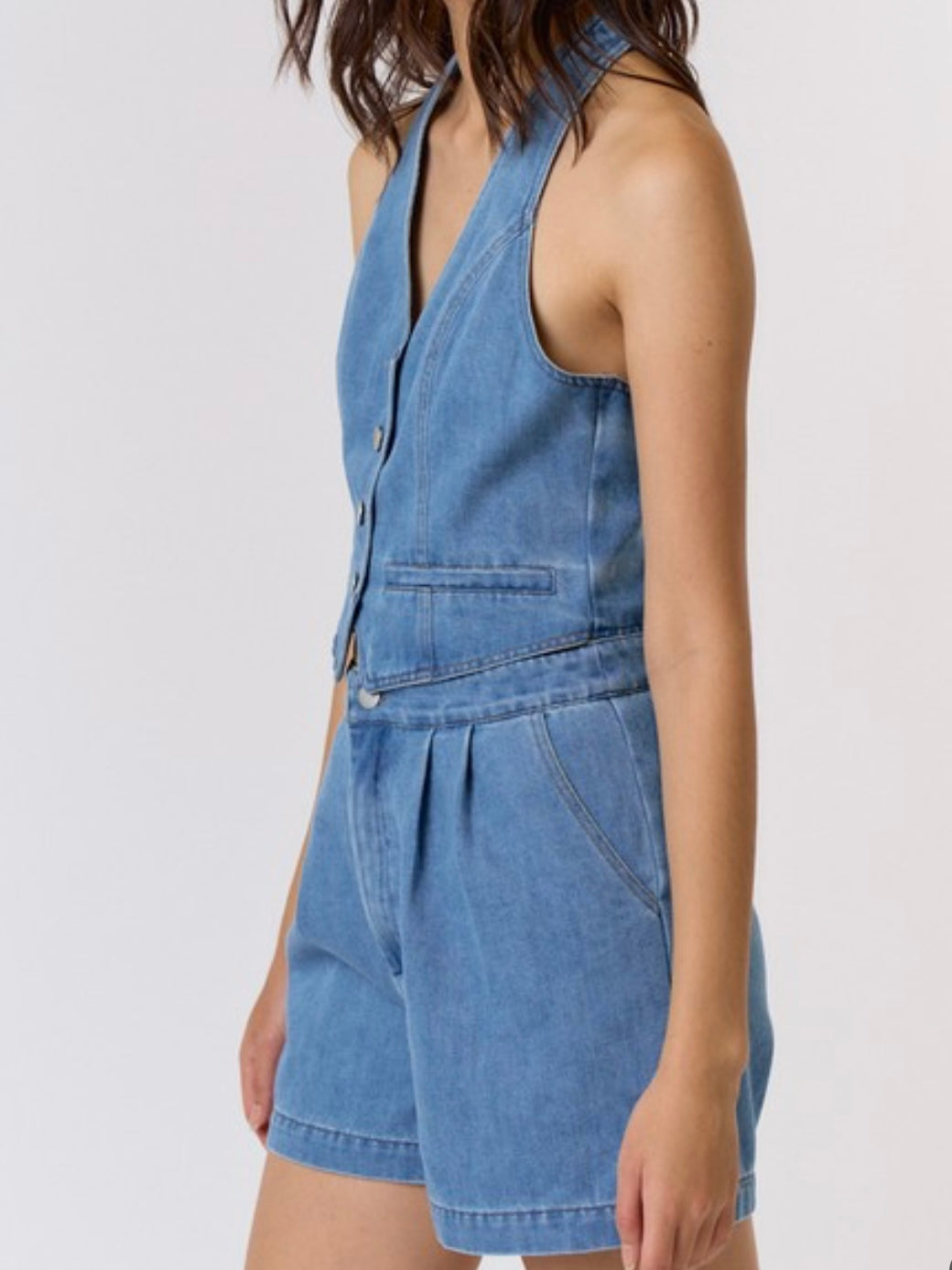Washed Denim Halter Cutout Romper