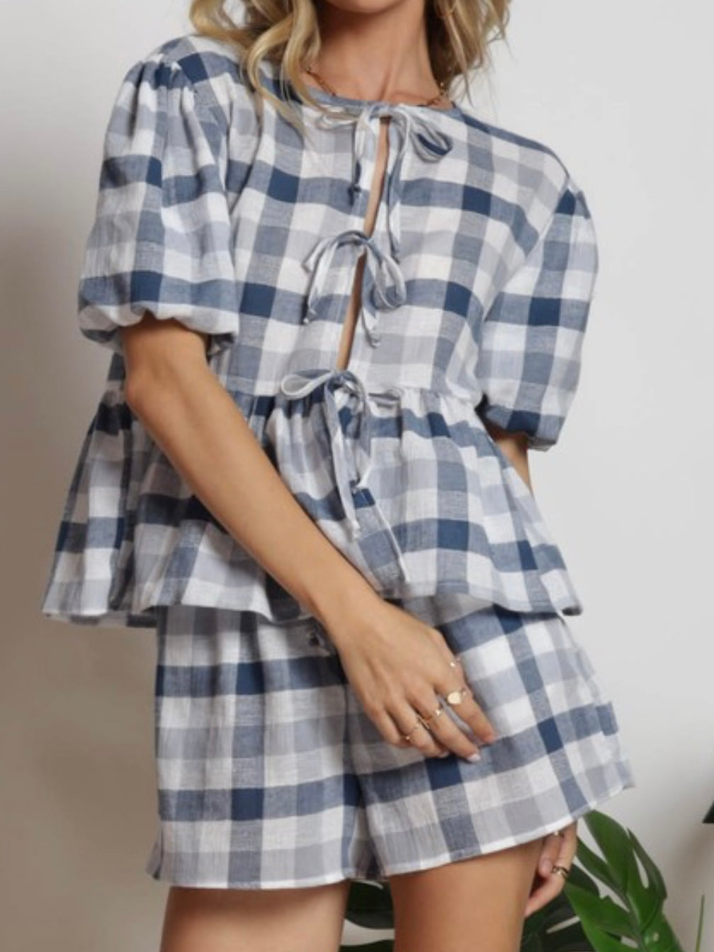 Blue Checker Front Bow Tie Short Pant Set