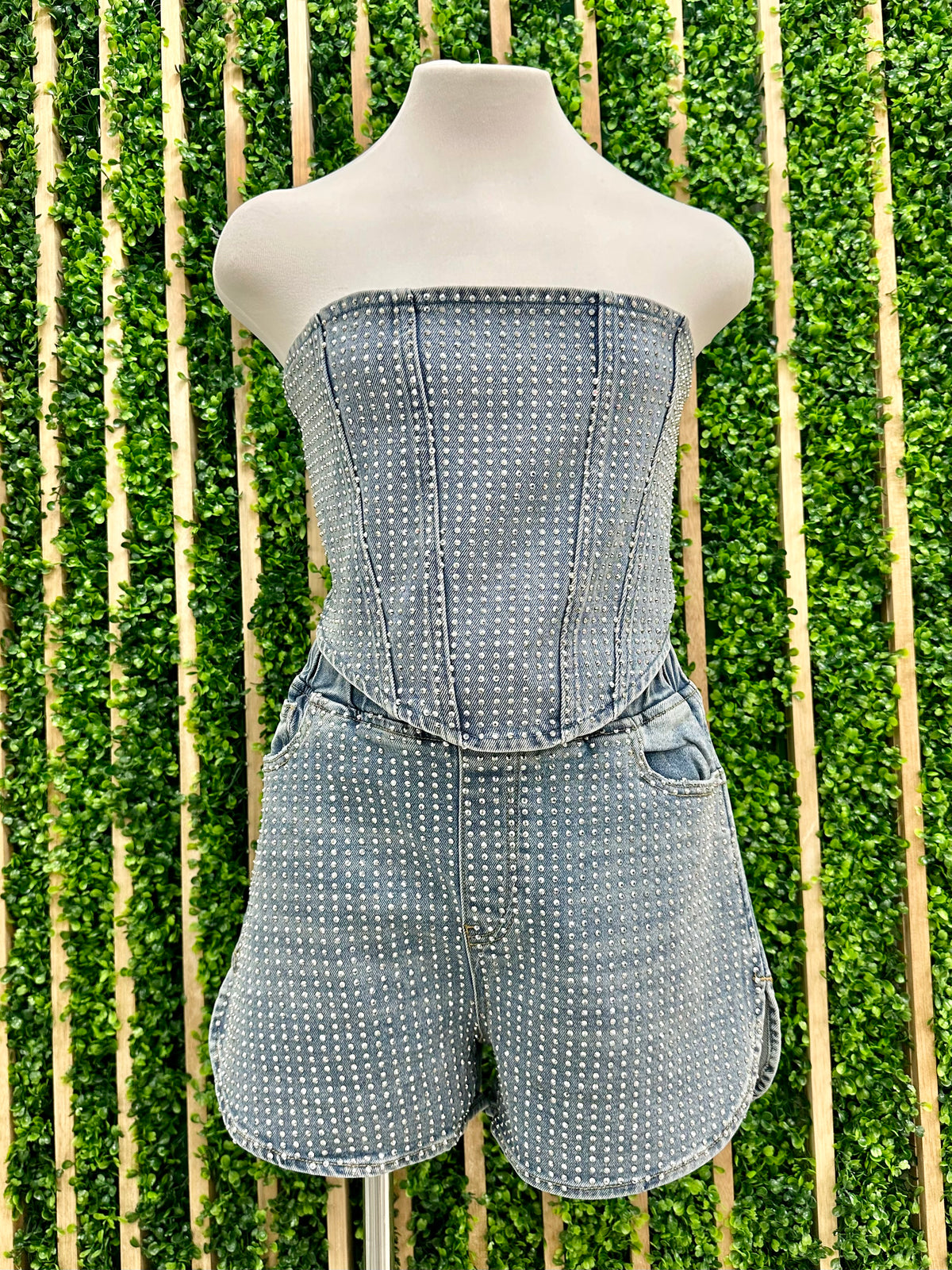 Rhinestone Detail Denim Crop Tube Top